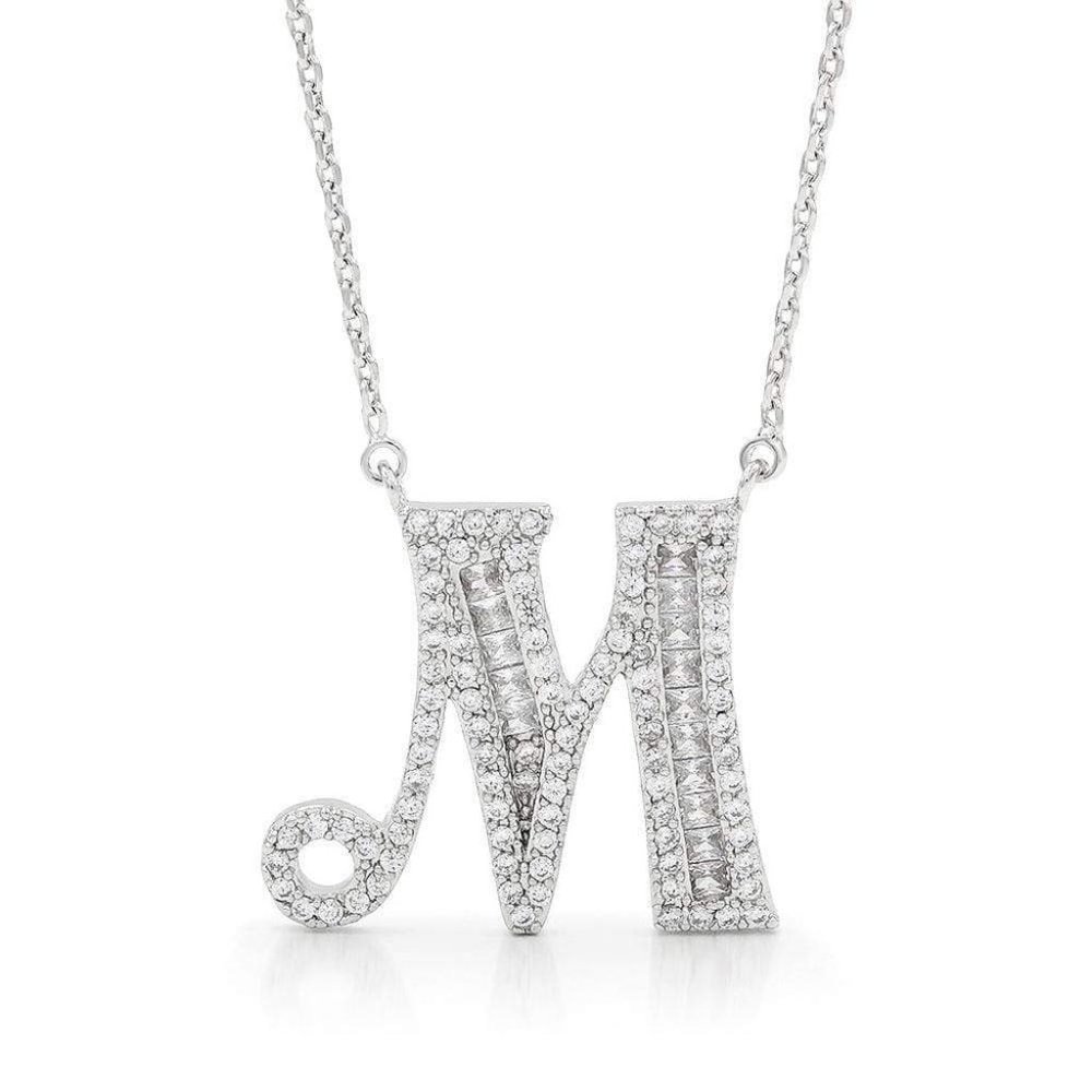 Silver CZ Initial Name Letter "M" Elegant Necklace